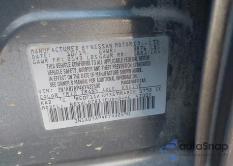 2019 Nissan Sentra Sv z USA, uszkodzony, nr VIN 3N1AB7AP4KY432590